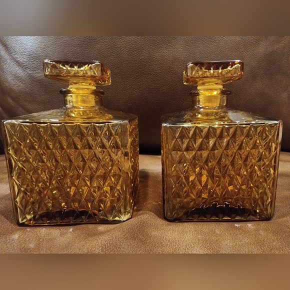 Other - Vintage Amber Glass Square Decanter with Stopper - Set of 2
